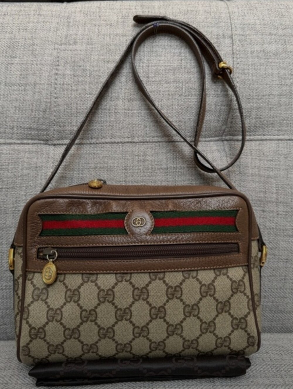 Gucci Brown GG Supreme Canvas Crossbody with Green-Red Web Stripe
